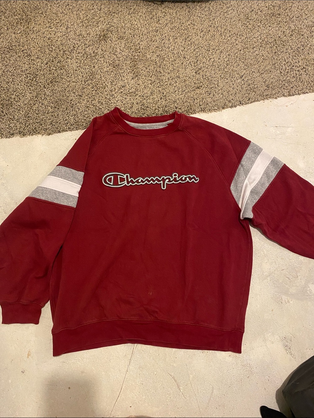 Champion Maroon Crewneck Sweatshirt with Gray and White Sleeve Stripes